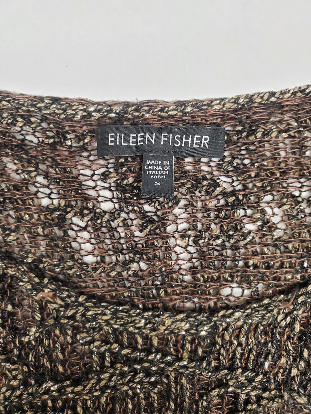 Eileen Fisher Brown Gold Metallic Linen Open Knit SweaterSize Small Italian Yarn - Picture 2 of 6